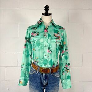 Vintage 70s H Bar C Psychedelic Floral Knit Western Shirt Long Tail Pearl Snap M